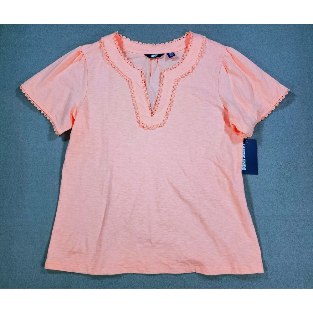 Lands' End Crochet Lace Trim Short Sleeve Top Apricot Split V Neck Medium Cotton